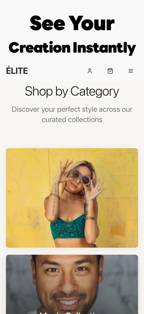 Vista previa de un sitio web de moda generado por IA que muestra la sección de comprar por categoría con colecciones seleccionadas