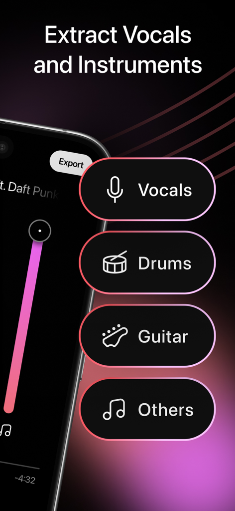 Vocal Remover - Melodify - 노래에서 보컬, 드럼, 기타 및 기타 악기를 분리하는 버튼을 보여주는 Melodify 앱 인터페이스
