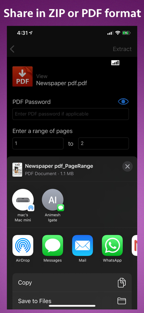 PDF pages Extractor & Splitter - Interfaz que muestra la configuración de extracción de páginas PDF y las opciones para compartir en iPhone