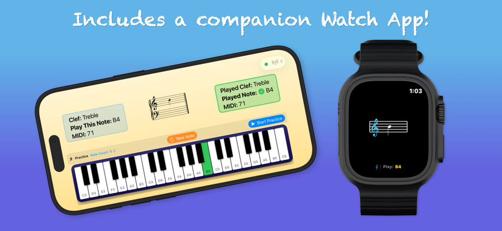 Learn A Note: Note Practice - Interface do aplicativo de prática de piano Learn A Note exibida no iPhone e Apple Watch