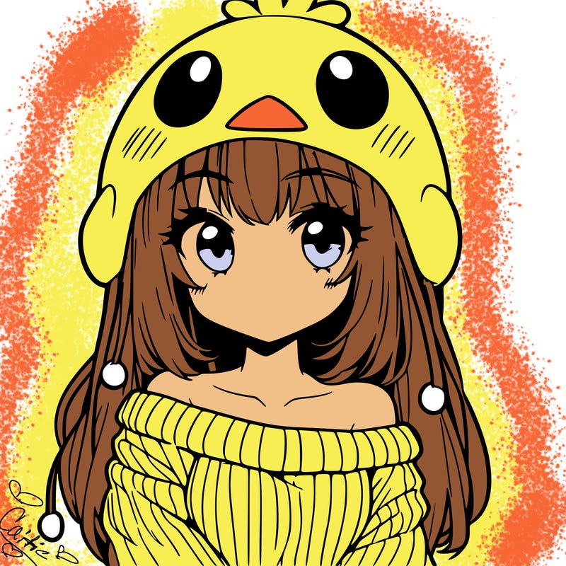 anime girl with chick shaped hat with sweater with bare shoulders with bangs covering them one eye with low tail