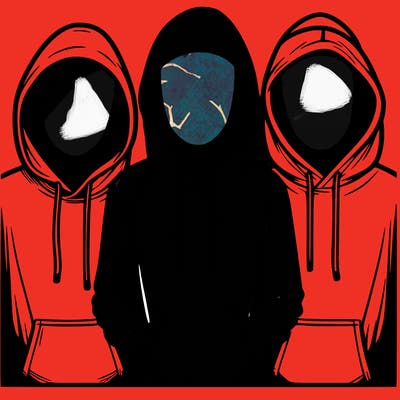 3 faceless people in  hoodies