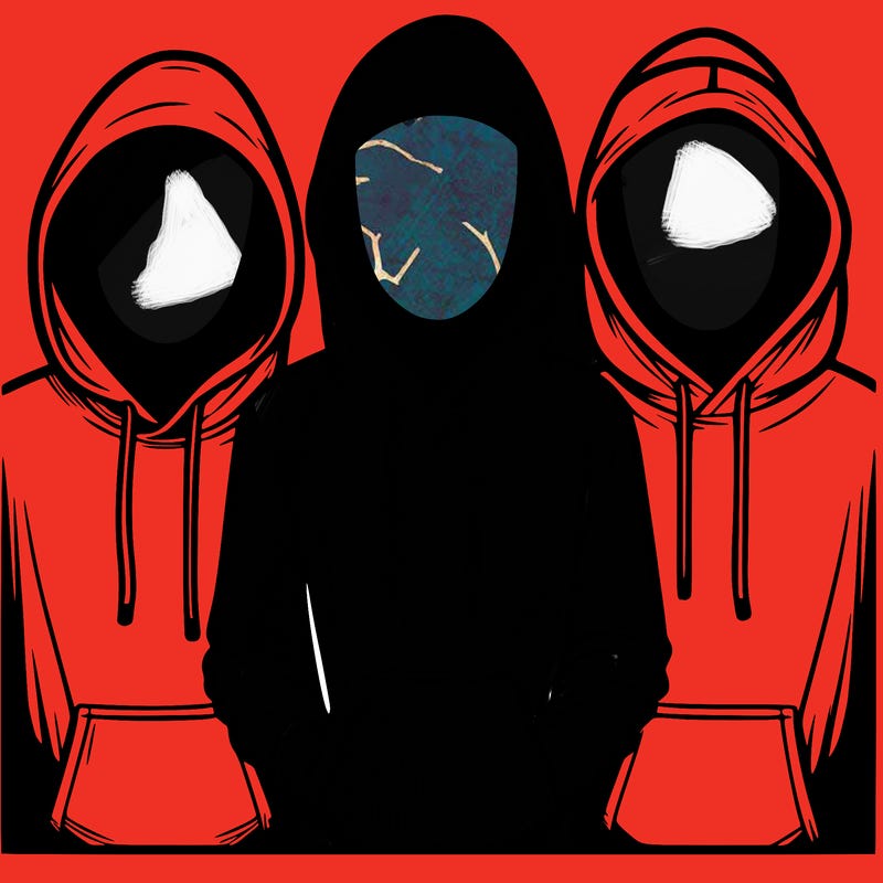 3 faceless people in  hoodies