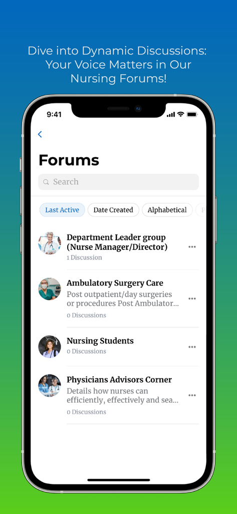 간호 학생 및 리더를 위한 다양한 전문 그룹을 보여주는 널스 링크업 앱 포럼 섹션의 스크린샷