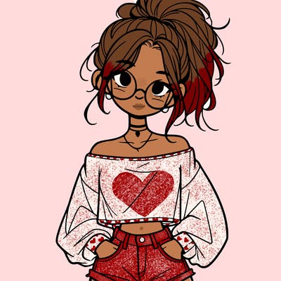 girl with a messy ponytail glasses a baggy crop top and jean shorts