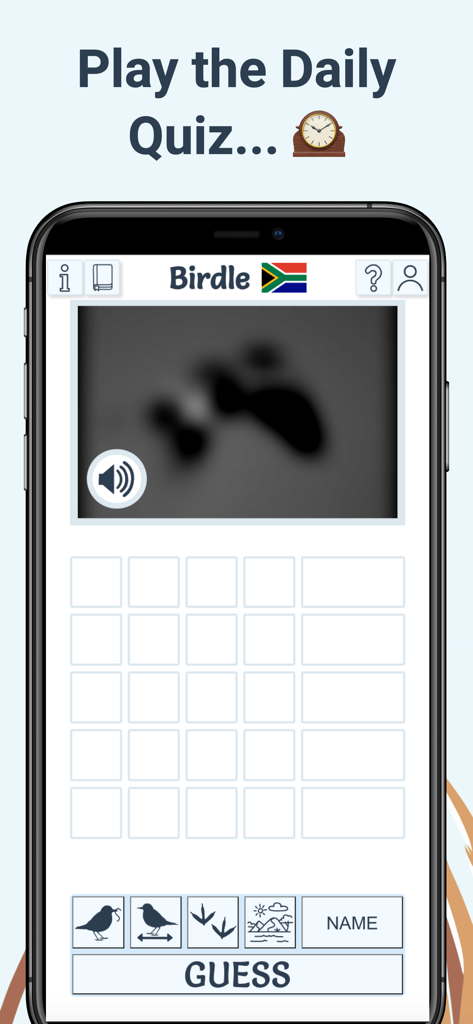 Interface of the Birdle app showing a daily bird identification challenge with a blurred image and audio clues