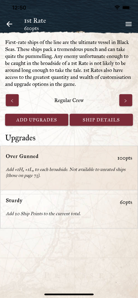 Mobile app interface for building a Black Seas naval fleet showing ship upgrades and point costs