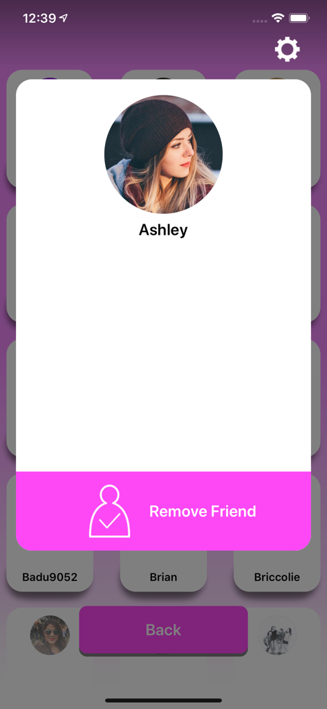 MeetHere - meetup with friends - MeetHere app screen showing a friend profile card for Ashley with a Remove Friend button.