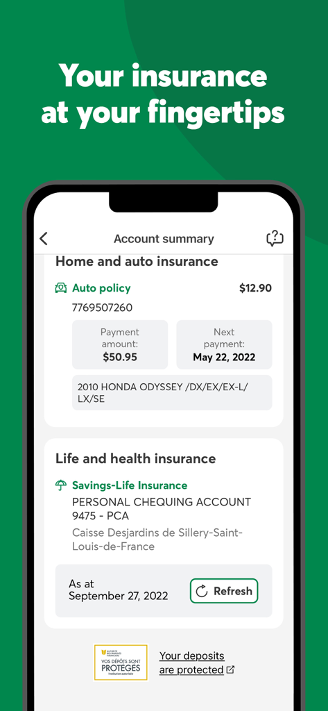 Desjardins mobile services - Bildschirm der Desjardins Mobile App mit Zusammenfassungen von Haus-, Auto-, Lebens- und Krankenversicherungsverträgen