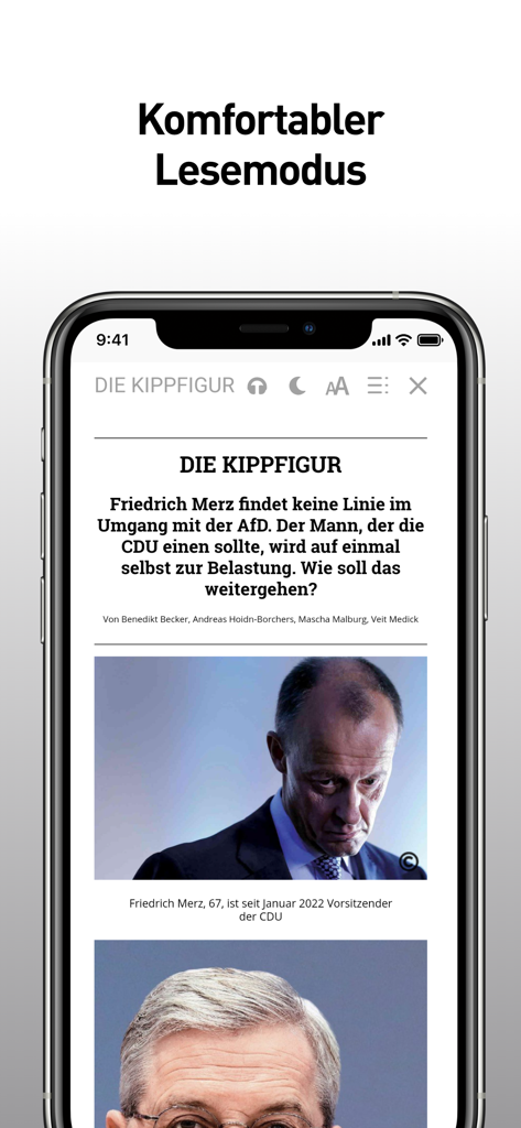 stern Magazin - A smartphone showing the stern Magazin app interface with a news article displayed in a clean reading mode.