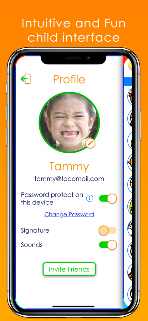 Tocomail - Email for Kids - Un écran de profil pour enfant sur l'application Tocomail, avec des paramètres simples et une interface utilisateur ludique.