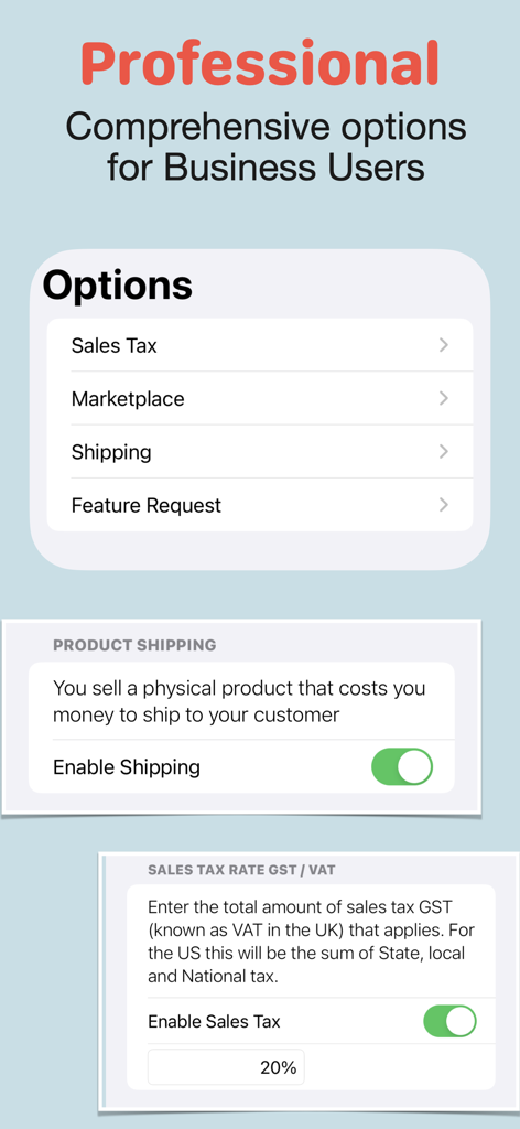 Interface of Gross Margin Calc showing settings for sales tax and shipping costs for business users