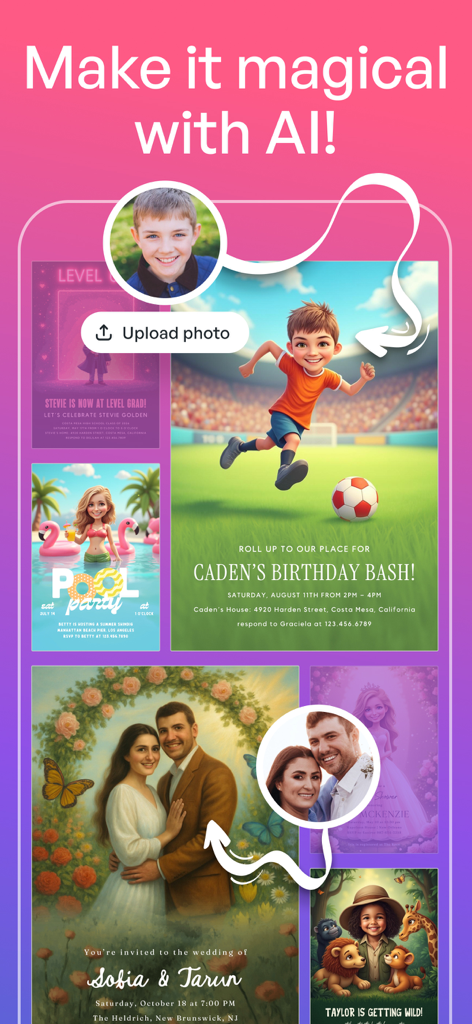 Invitation Maker: Cards & RSVP - Interface showing AI photo transformation for personalized birthday and wedding invitations