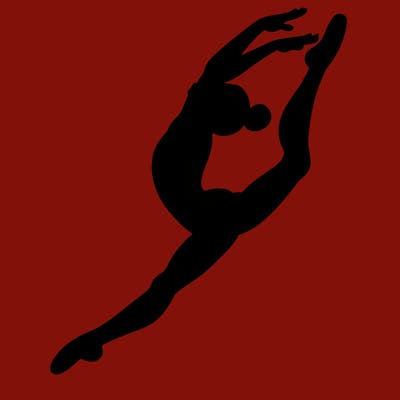gymnast doing a leap in a leotard with a bent back leg