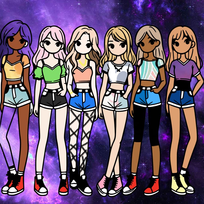 a group of girls wearing crop tops and shorts