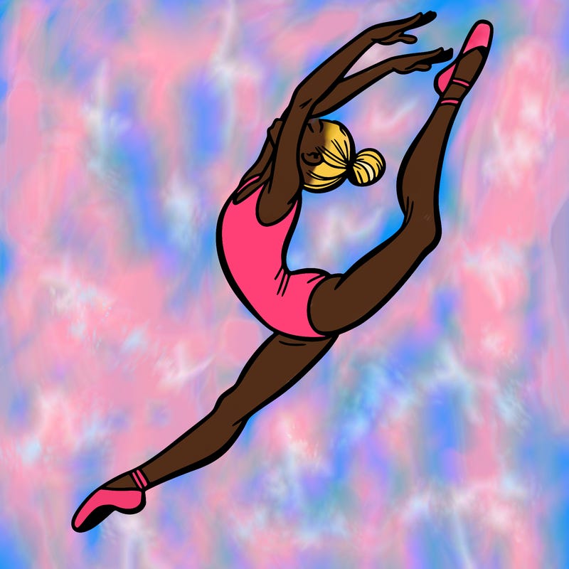 gymnast doing a leap in a leotard with a bent back leg