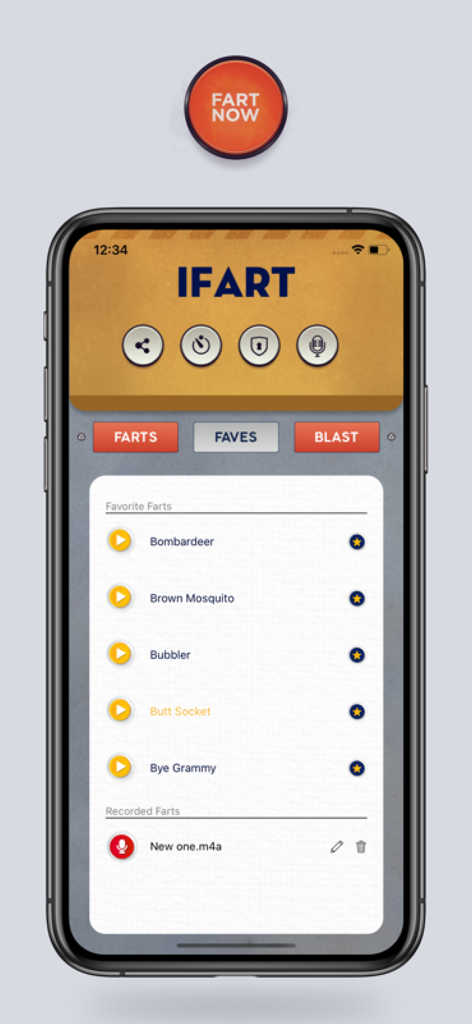 iFart - Fart Sounds App - Screenshot of the iFart app showing a list of favorite fart sounds on an iPhone