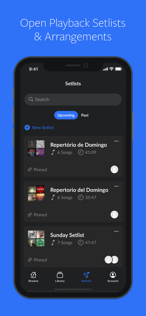MultiTracks.com ChartBuilder - Interface of the ChartBuilder app showing a list of upcoming worship music setlists on a mobile device