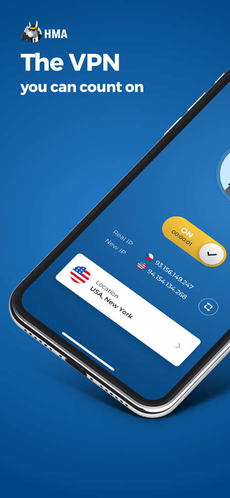 HMA Hotspot VPN & Proxy - HMA VPN app interface on an iPhone showing a secure connection to a New York server