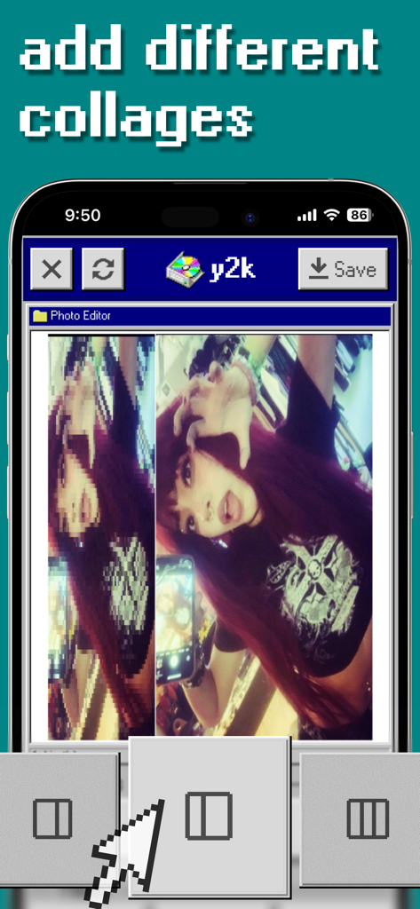Capture d'écran de l'application y2k montrant un éditeur de collage photo rétro avec une interface pixélisée et une disposition en écran partagé