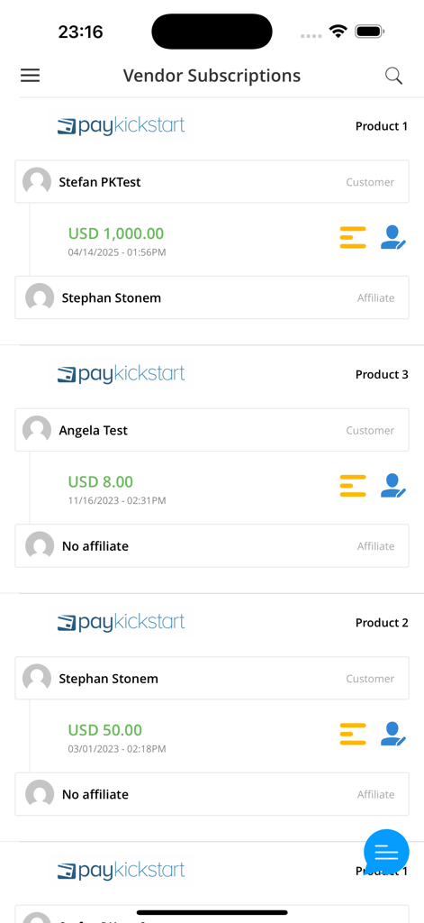 PayKickstart - PayKickstart mobile app interface showing a list of vendor subscriptions with customer names and transaction amounts.