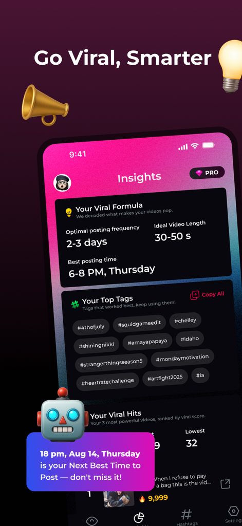 TikSight - TikTok Analytics - TikSightのインターフェース。最適な投稿時間、動画の長さ、トップパフォーマンスのハッシュタグに関するTikTokアナリティクスを表示しています。