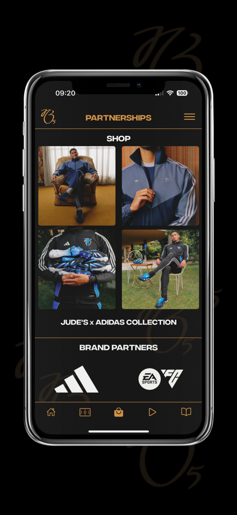 JB5 - JB5 app partnerships screen showcasing the Jude Bellingham x Adidas clothing collection and brand partners like EA Sports FC.
