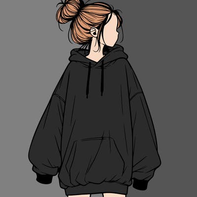realistic girl with a oversized sweatshirt on and a bun
