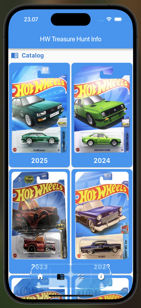 Hot Wheels Treasure Hunt Info - Aplicativo Hot Wheels Treasure Hunt Info mostrando o catálogo de carros categorizado por ano