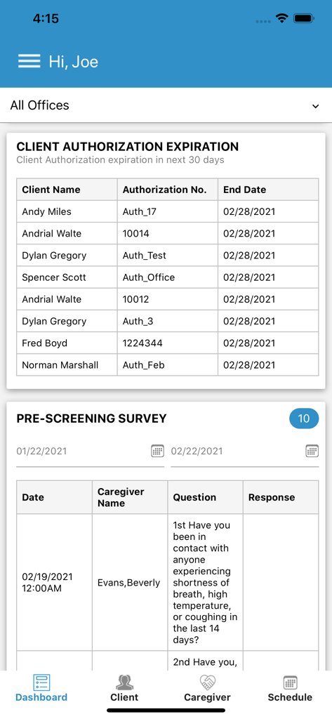 CareSmartz360 Agency App - CareSmartz360 agency dashboard displaying client authorization expiration and caregiver pre-screening survey data