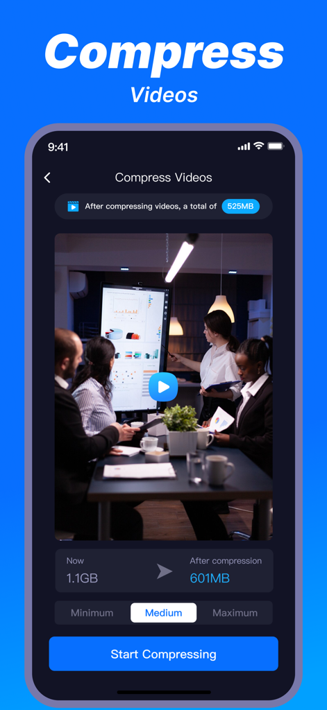 Cleaner Master Pro-Cleanup App - Interfaz de compresión de video de la aplicación Cleaner Master Pro que muestra ahorros de almacenamiento.