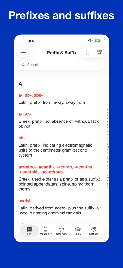 語根の由来と意味がアルファベット順にリスト表示されている、英語の接頭辞・接尾辞マスターアプリのインターフェース。