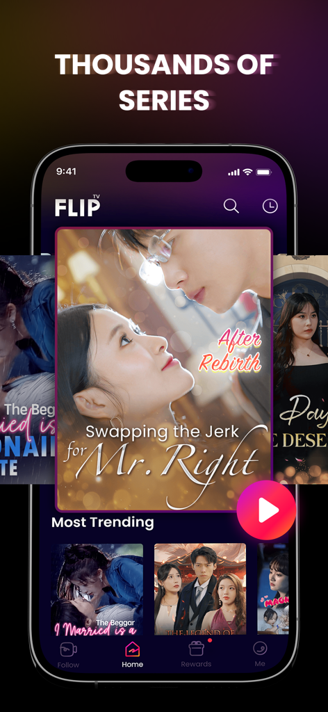 FlipTV - Watch Short Dramas - FlipTV app mobile interface displaying thousands of short drama series and trending romance shows like After Rebirth Swapping the Jerk for Mr Right