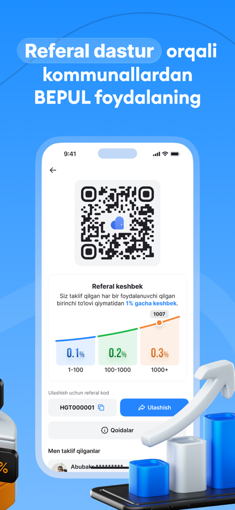 Interfaz del programa de referidos en la aplicación HGT que muestra porcentajes de cashback y un código QR