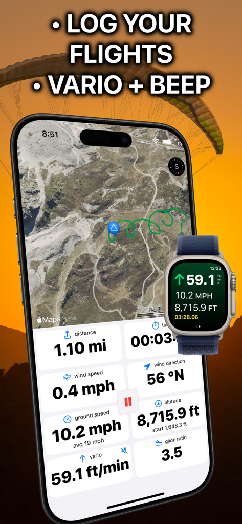 Paragliding Tracker: Wingman - Interface of Wingman paragliding app showing flight instruments and GPS tracking on iPhone and Apple Watch.