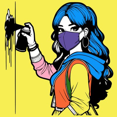 realistic girl with mask spray painting a wall