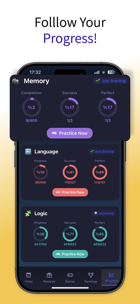 Mind Master: Brain Tests - Interfaz de la aplicación móvil que muestra un seguimiento detallado del progreso de pruebas cerebrales de memoria, lenguaje y lógica