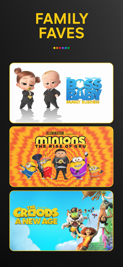 Peacock TV App-Bildschirm mit beliebten Familienfilmen, darunter The Boss Baby, Minions und The Croods