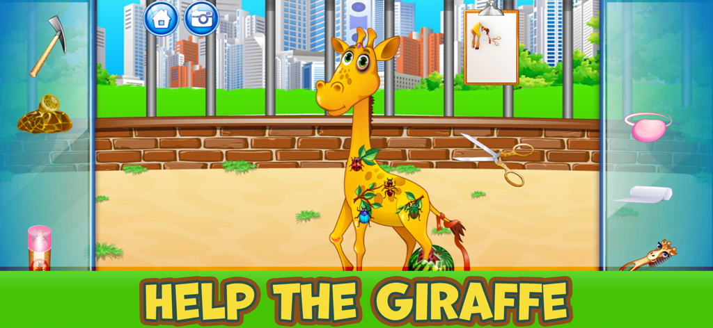 Zoo Animal Care Adventure Game - A colorful giraffe care mini game screen from Zoo Animal Care Adventure Game