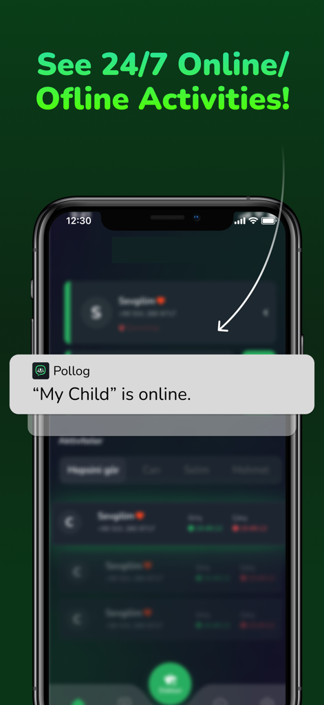 Pollog - Family Online Tracker - A smartphone display showing a Pollog app notification stating that My Child is online