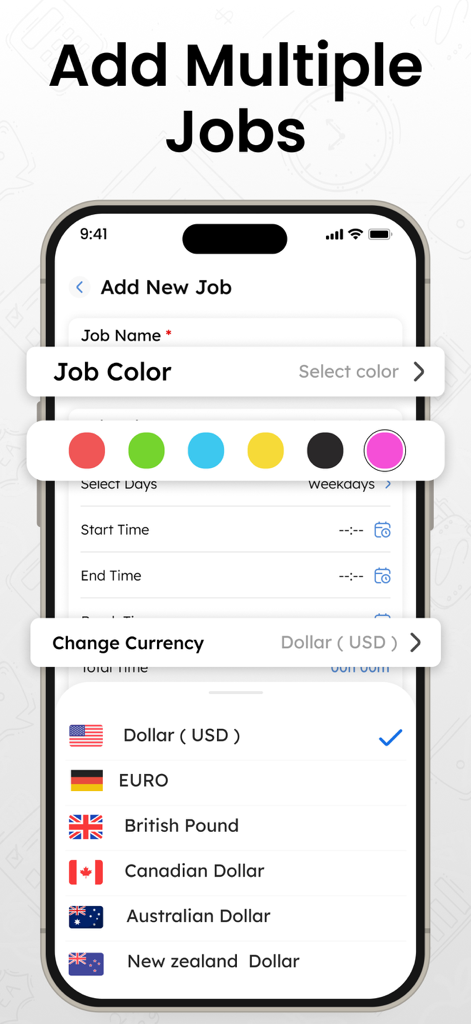 Tela do aplicativo Rastreador de Horas de Trabalho para adicionar vários trabalhos com codificação por cores e seleção de moeda