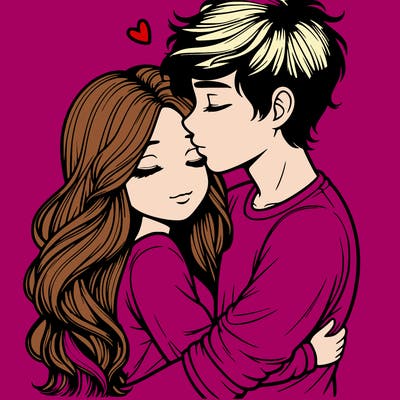 a realistic couple boy and girl hugging and kissing