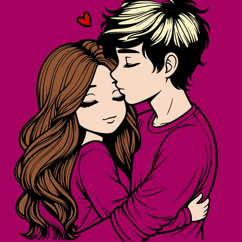 a realistic couple boy and girl hugging and kissing