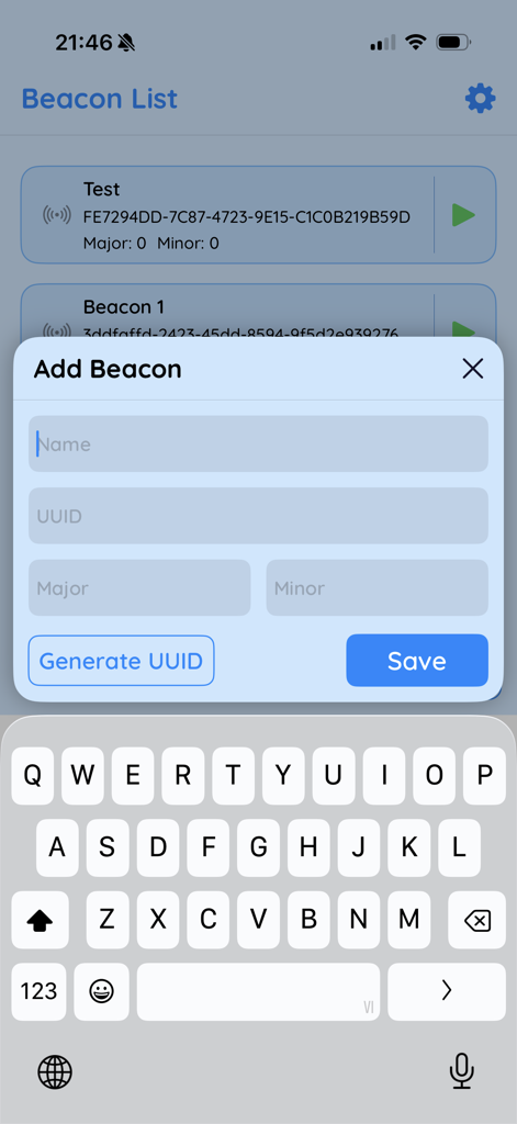 Modal window to add a new beacon configuration with fields for Name UUID Major and Minor