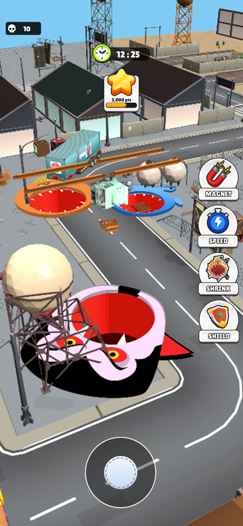 Black Sink hole Zone Game 3D - A 3D mobile game screenshot of character themed sinkholes swallowing objects on a city street.