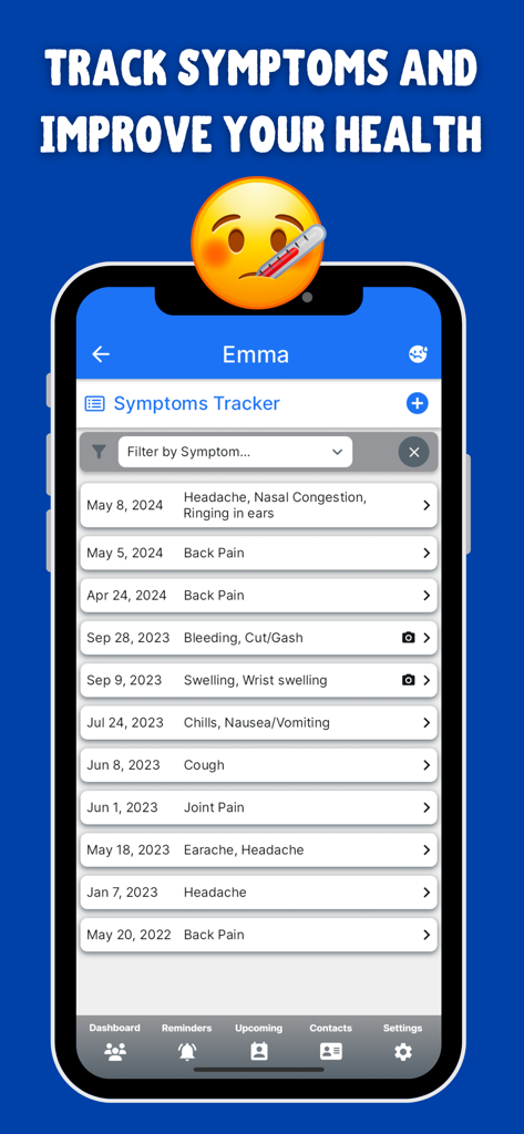 A list of logged health symptoms including headache and back pain in the KeepTrackMed app's symptoms tracker.