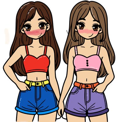 two sisters with crop tops and jean shorts and straight hair
