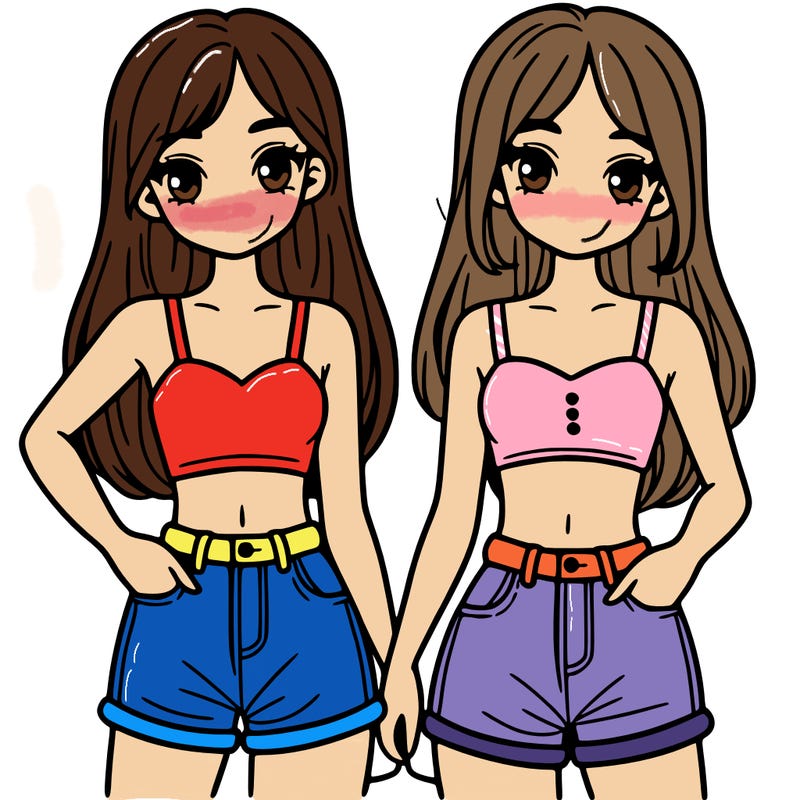 two sisters with crop tops and jean shorts and straight hair