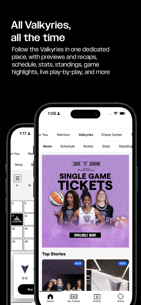 Golden State + Chase Center - ゴールデンステートアプリのモバイル画面。ヴァルキリーズのWNBAニュースとチケット情報が表示されています。