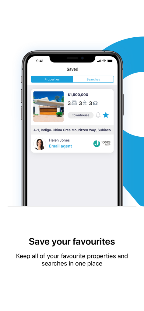 reiwa.com - Real Estate - Ein Screenshot der Immobilien-App reiwa.com, der eine gespeicherte Immobilienanzeige für ein Reihenhaus zeigt